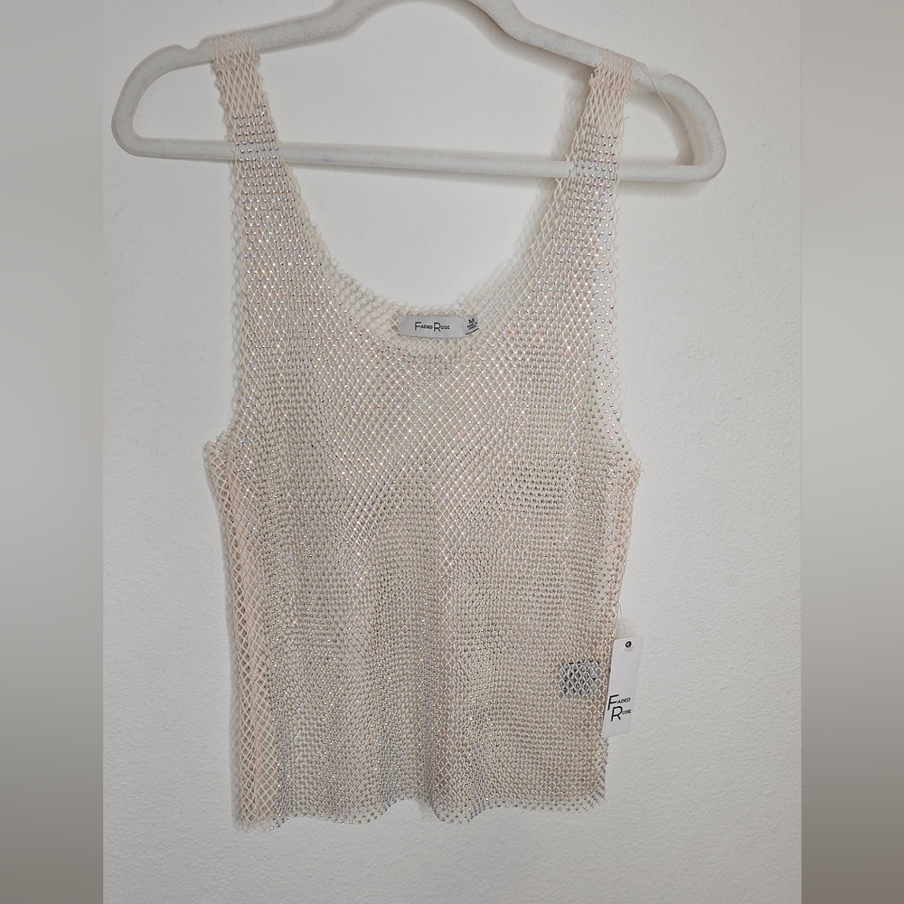 Faded Rose Mesh And Rhinestone Cream Tank Top - Size Medium - Picture 5 of 16